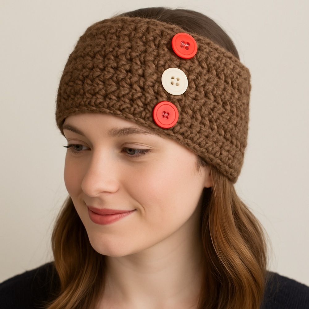Handmade Crochet Buttoned Brown Wool Neck Warmer/Headband With Wooden Sheep Char